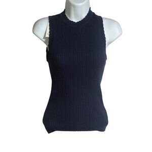 Scallop Trim Sweater Tank Womens Size XS Navy Blue Ribbed Knit Free Assembly